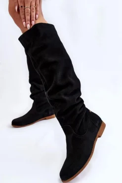 Online Damskie Zamszowe Kozaki Do Kolan 05790-01 Czarne Damskie Kozaki Wiosenne|Kozaki Płaskie