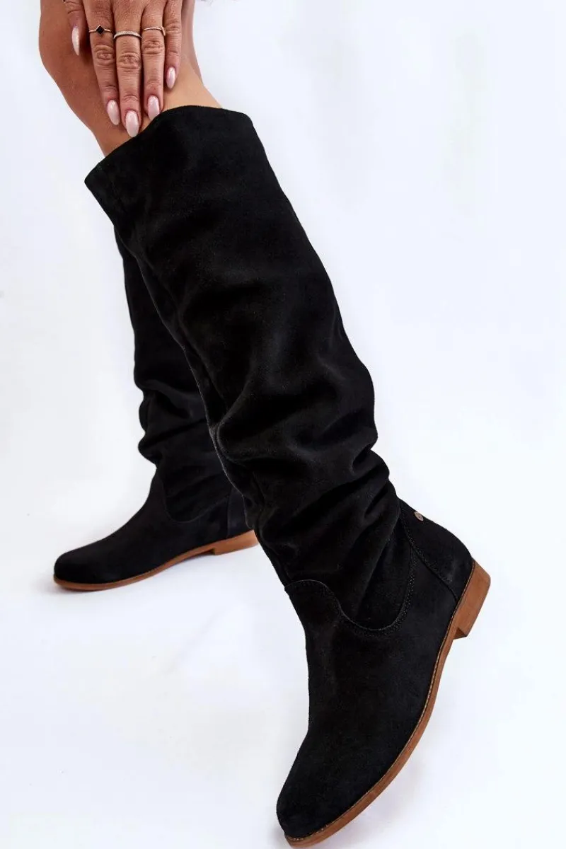 Online Damskie Zamszowe Kozaki Do Kolan 05790-01 Czarne Damskie Kozaki Wiosenne|Kozaki Płaskie