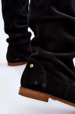 Online Damskie Zamszowe Kozaki Do Kolan 05790-01 Czarne Damskie Kozaki Wiosenne|Kozaki Płaskie