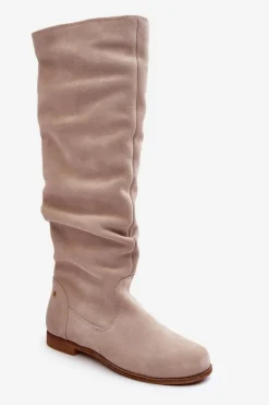 Clearance Damskie Zamszowe Kozaki Do Kolan 05790-22 Jasnobeżowe Damskie Kozaki Wiosenne|Kozaki Płaskie