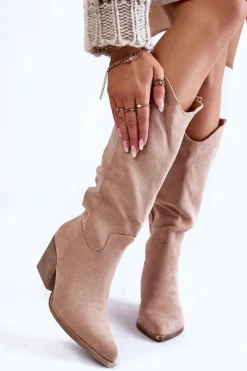 Online Damskie Zamszowe Kozaki Kowbojki Beżowe Alaina Damskie Kozaki Przed Kolano|Kozaki Na Obcasie