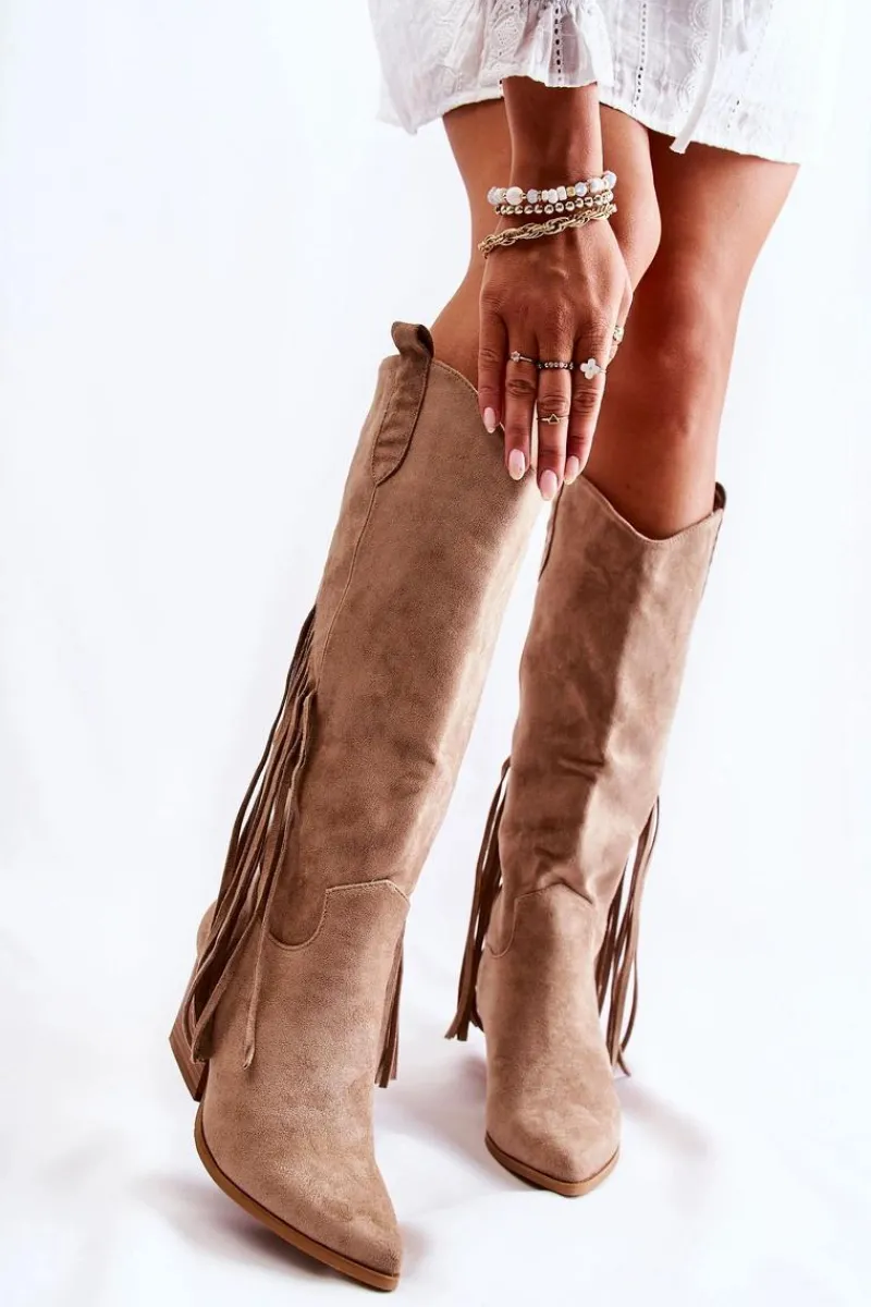 Kozaki Wiosenne|Kozaki Przed Kolano>Boto Damskie Zamszowe Kozaki Kowbojki Z Frędzlami Beżowe Simplo