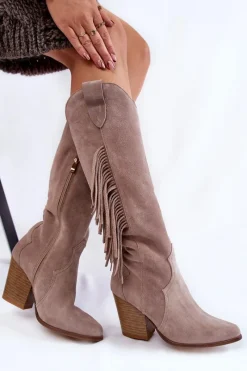 Discount Damskie Zamszowe Kozaki Kowbojki Lewski 3094/F Szare Damskie Kozaki Wiosenne|Kozaki Przed Kolano