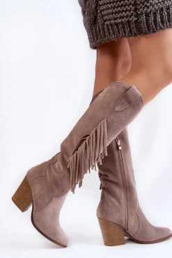 Discount Damskie Zamszowe Kozaki Kowbojki Lewski 3094/F Szare Damskie Kozaki Wiosenne|Kozaki Przed Kolano