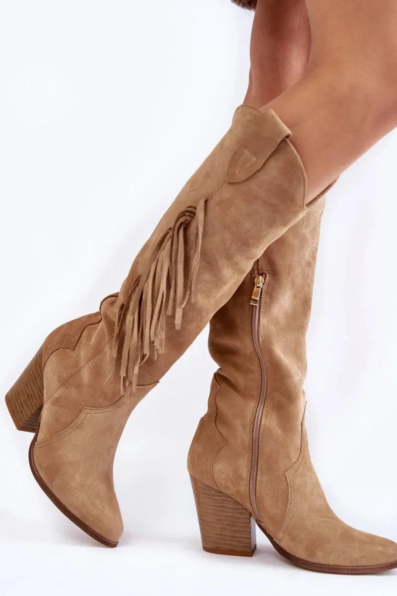 New Boto Damskie Zamszowe Kozaki Kowbojki Lewski 3094/F Ciemnobeżowe