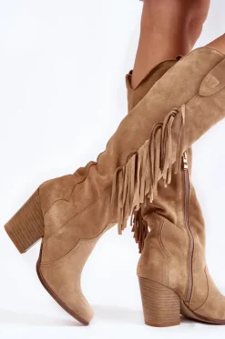 New Boto Damskie Zamszowe Kozaki Kowbojki Lewski 3094/F Ciemnobeżowe