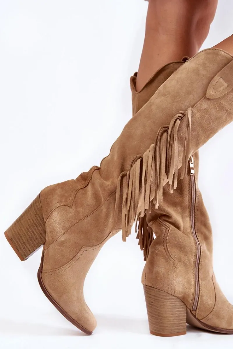 New Boto Damskie Zamszowe Kozaki Kowbojki Lewski 3094/F Ciemnobeżowe