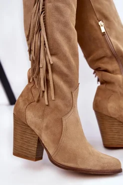 New Boto Damskie Zamszowe Kozaki Kowbojki Lewski 3094/F Ciemnobeżowe