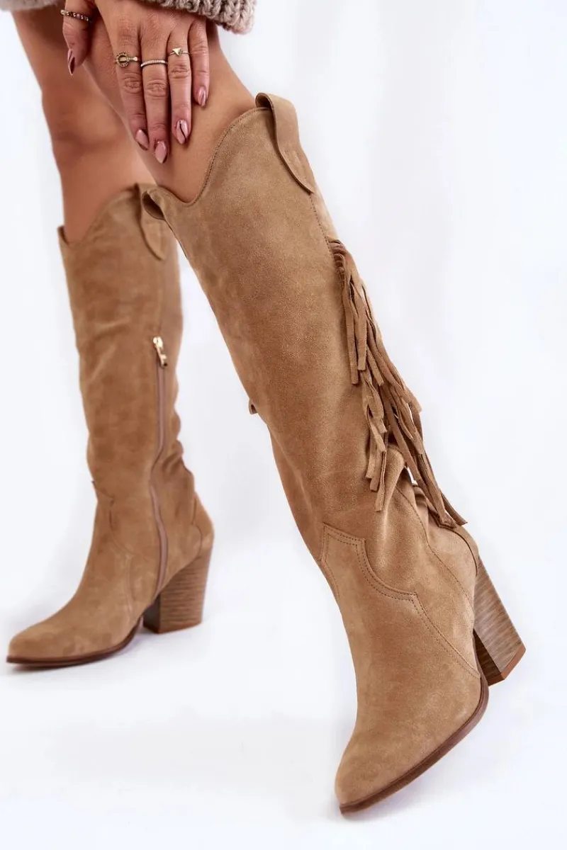 New Boto Damskie Zamszowe Kozaki Kowbojki Lewski 3094/F Ciemnobeżowe