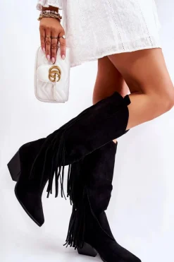 Discount Damskie Zamszowe Kozaki Kowbojki Z Frędzlami Czarne Simplo Damskie Kozaki Wiosenne|Kozaki Przed Kolano