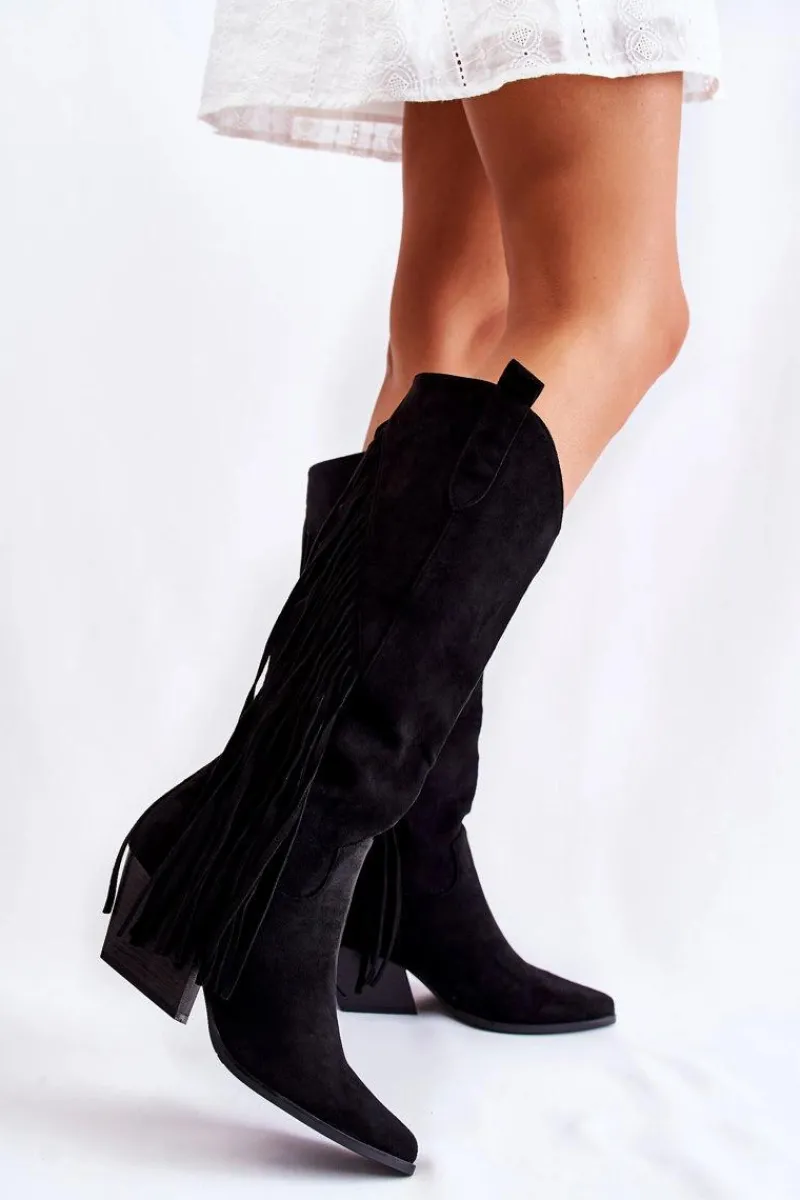 Discount Damskie Zamszowe Kozaki Kowbojki Z Frędzlami Czarne Simplo Damskie Kozaki Wiosenne|Kozaki Przed Kolano