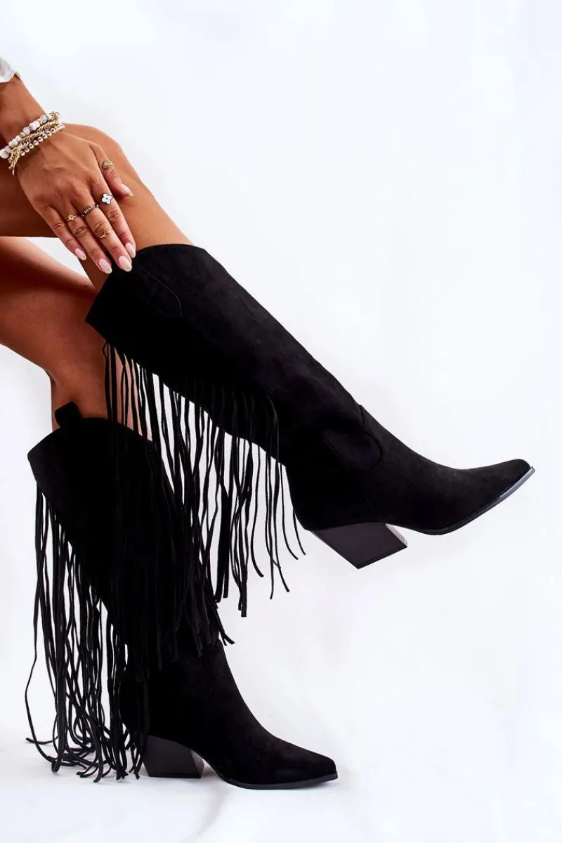 Discount Damskie Zamszowe Kozaki Kowbojki Z Frędzlami Czarne Simplo Damskie Kozaki Wiosenne|Kozaki Przed Kolano