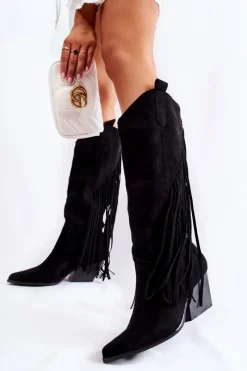 Discount Damskie Zamszowe Kozaki Kowbojki Z Frędzlami Czarne Simplo Damskie Kozaki Wiosenne|Kozaki Przed Kolano
