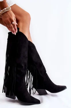 Discount Damskie Zamszowe Kozaki Kowbojki Z Frędzlami Czarne Simplo Damskie Kozaki Wiosenne|Kozaki Przed Kolano