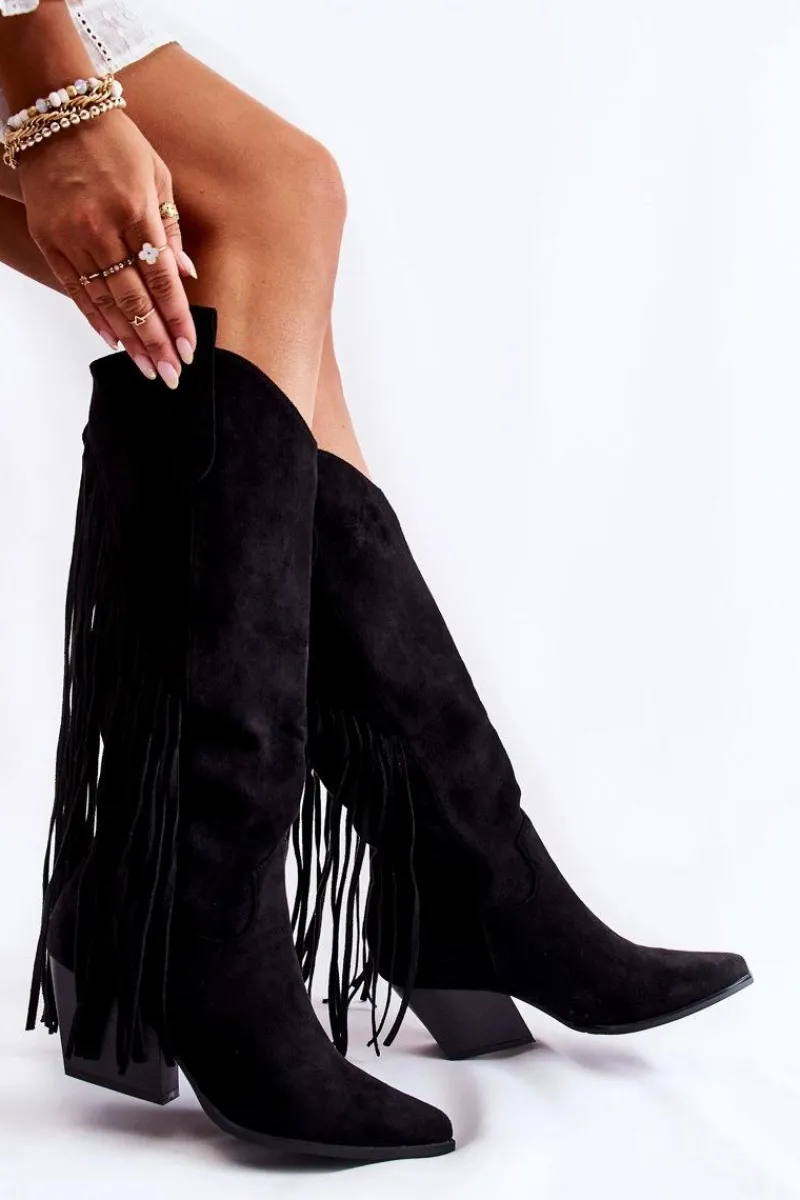 Discount Damskie Zamszowe Kozaki Kowbojki Z Frędzlami Czarne Simplo Damskie Kozaki Wiosenne|Kozaki Przed Kolano