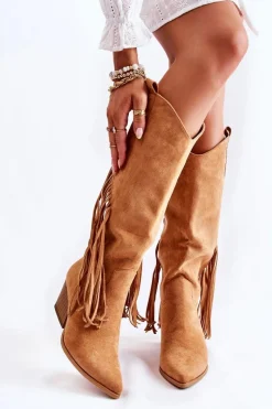 Outlet Boto Damskie Zamszowe Kozaki Kowbojki Z Frędzlami Camel Simplo