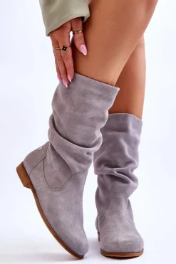 Best Damskie Zamszowe Kozaki 05057-13 Szare Damskie Kozaki Płaskie|Kozaki Zamszowe