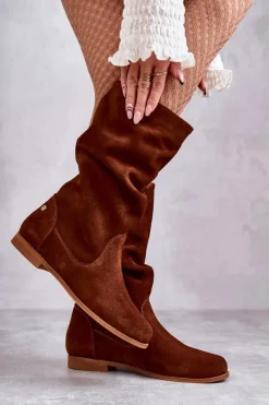 New Damskie Zamszowe Kozaki 05057-29 Rude Damskie Kozaki Płaskie|Kozaki Zamszowe