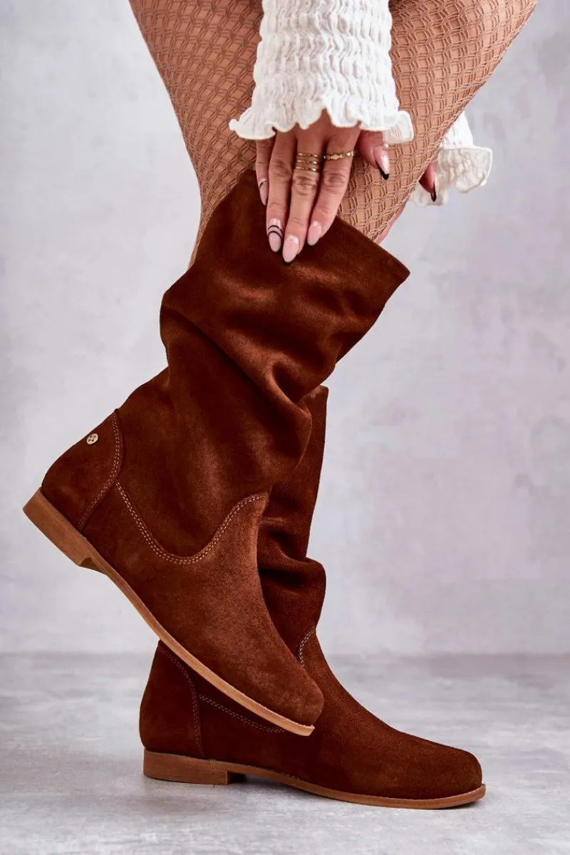 New Damskie Zamszowe Kozaki 05057-29 Rude Damskie Kozaki Płaskie|Kozaki Zamszowe