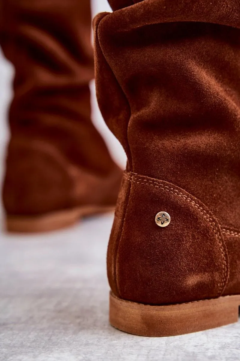 New Damskie Zamszowe Kozaki 05057-29 Rude Damskie Kozaki Płaskie|Kozaki Zamszowe