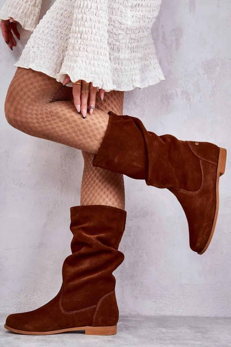 New Damskie Zamszowe Kozaki 05057-29 Rude Damskie Kozaki Płaskie|Kozaki Zamszowe