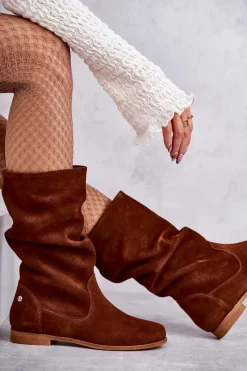 New Damskie Zamszowe Kozaki 05057-29 Rude Damskie Kozaki Płaskie|Kozaki Zamszowe