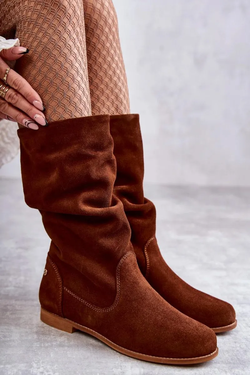 New Damskie Zamszowe Kozaki 05057-29 Rude Damskie Kozaki Płaskie|Kozaki Zamszowe