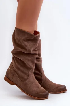 Damskie Zamszowe Kozaki 05057-14 Brązowe Damskie Kozaki Płaskie|Kozaki Zamszowe