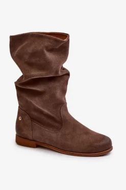 Damskie Zamszowe Kozaki 05057-14 Brązowe Damskie Kozaki Płaskie|Kozaki Zamszowe