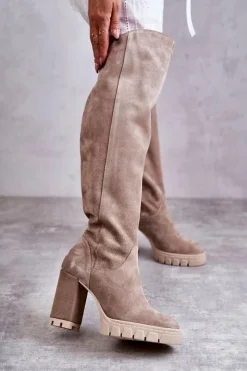 Outlet Boto Damskie Zamszowe Kozaki Muszkieterki Beżowe Georgette