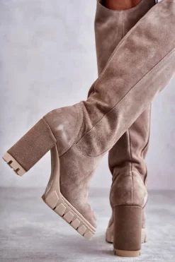 Outlet Boto Damskie Zamszowe Kozaki Muszkieterki Beżowe Georgette