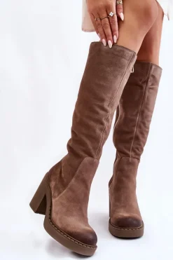 Clearance Boto Damskie Zamszowe Kozaki Na Masywnym Słupku Jasnobrązowe Valeris