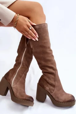 Clearance Boto Damskie Zamszowe Kozaki Na Masywnym Słupku Jasnobrązowe Valeris