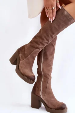 Clearance Boto Damskie Zamszowe Kozaki Na Masywnym Słupku Jasnobrązowe Valeris