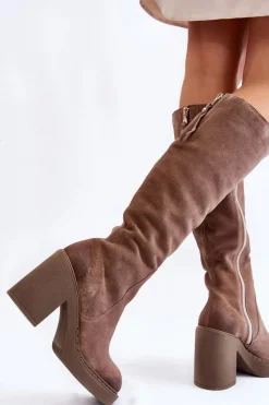 Clearance Boto Damskie Zamszowe Kozaki Na Masywnym Słupku Jasnobrązowe Valeris