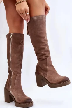 Clearance Boto Damskie Zamszowe Kozaki Na Masywnym Słupku Jasnobrązowe Valeris