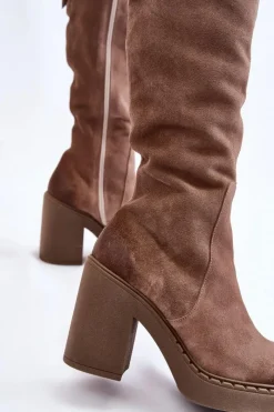 Clearance Boto Damskie Zamszowe Kozaki Na Masywnym Słupku Jasnobrązowe Valeris