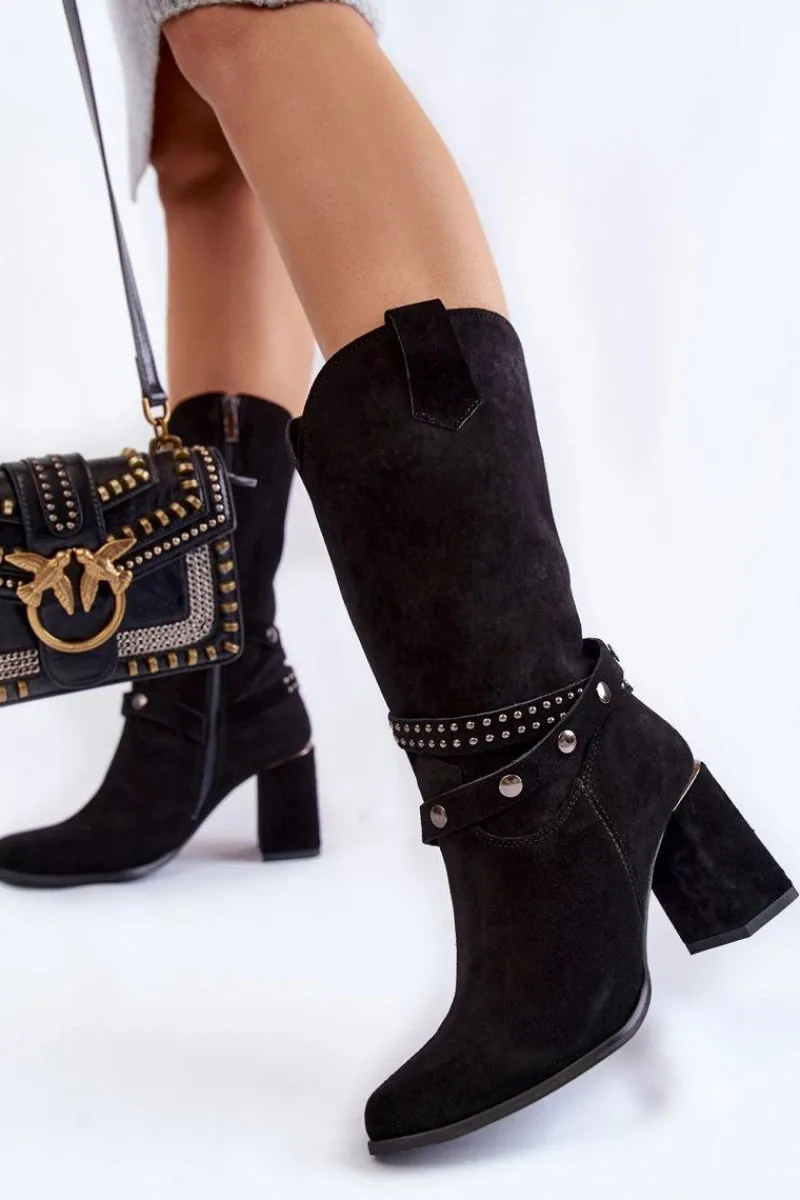 Kozaki Wiosenne|Kozaki Przed Kolano>Boto Damskie Zamszowe Kozaki Na Obcasie Lewski Shoes 2934/B Czarne