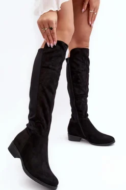 Best Damskie Zamszowe Kozaki Przed Kolano S.Barski HY27098A Czarne Damskie Kozaki Płaskie|Kozaki Przed Kolano