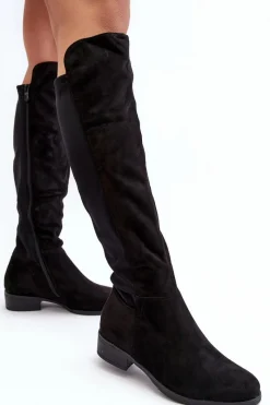 Best Damskie Zamszowe Kozaki Przed Kolano S.Barski HY27098A Czarne Damskie Kozaki Płaskie|Kozaki Przed Kolano