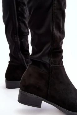 Best Damskie Zamszowe Kozaki Przed Kolano S.Barski HY27098A Czarne Damskie Kozaki Płaskie|Kozaki Przed Kolano