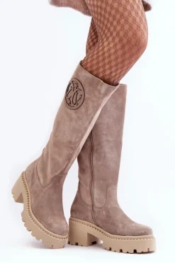 Kozaki Wiosenne|Kozaki Przed Kolano>Boto Damskie Zamszowe Kozaki Przed Kolano Ciemnobeżowe Lewski 3367