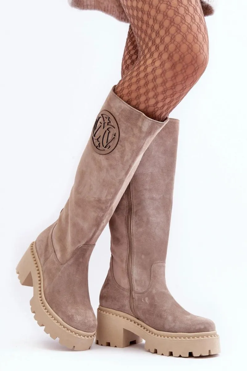 Kozaki Wiosenne|Kozaki Przed Kolano>Boto Damskie Zamszowe Kozaki Przed Kolano Ciemnobeżowe Lewski 3367