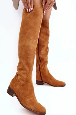 Discount Boto Damskie Zamszowe Kozaki Za Kolano Na Płaskim Obcasie Camel Hewanella