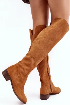 Discount Boto Damskie Zamszowe Kozaki Za Kolano Na Płaskim Obcasie Camel Hewanella