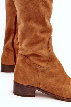 Discount Boto Damskie Zamszowe Kozaki Za Kolano Na Płaskim Obcasie Camel Hewanella