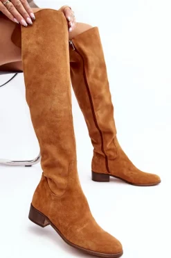 Discount Boto Damskie Zamszowe Kozaki Za Kolano Na Płaskim Obcasie Camel Hewanella