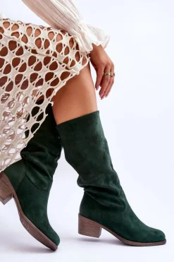 Online Boto Damskie Zamszowe Kozaki Z Ażurowym Wzorem Zielone Enrissa