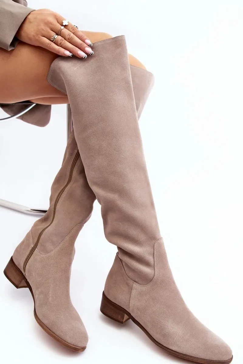 Discount Damskie Zamszowe Kozaki Za Kolano Na Płaskim Obcasie Beżowe Hewanella Damskie Muszkieterki|Kozaki Za Kolano