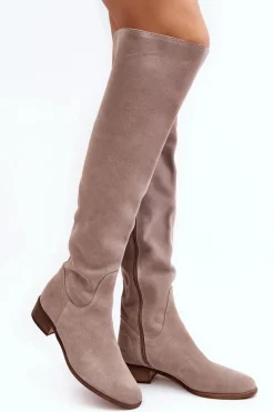 Discount Damskie Zamszowe Kozaki Za Kolano Na Płaskim Obcasie Beżowe Hewanella Damskie Muszkieterki|Kozaki Za Kolano